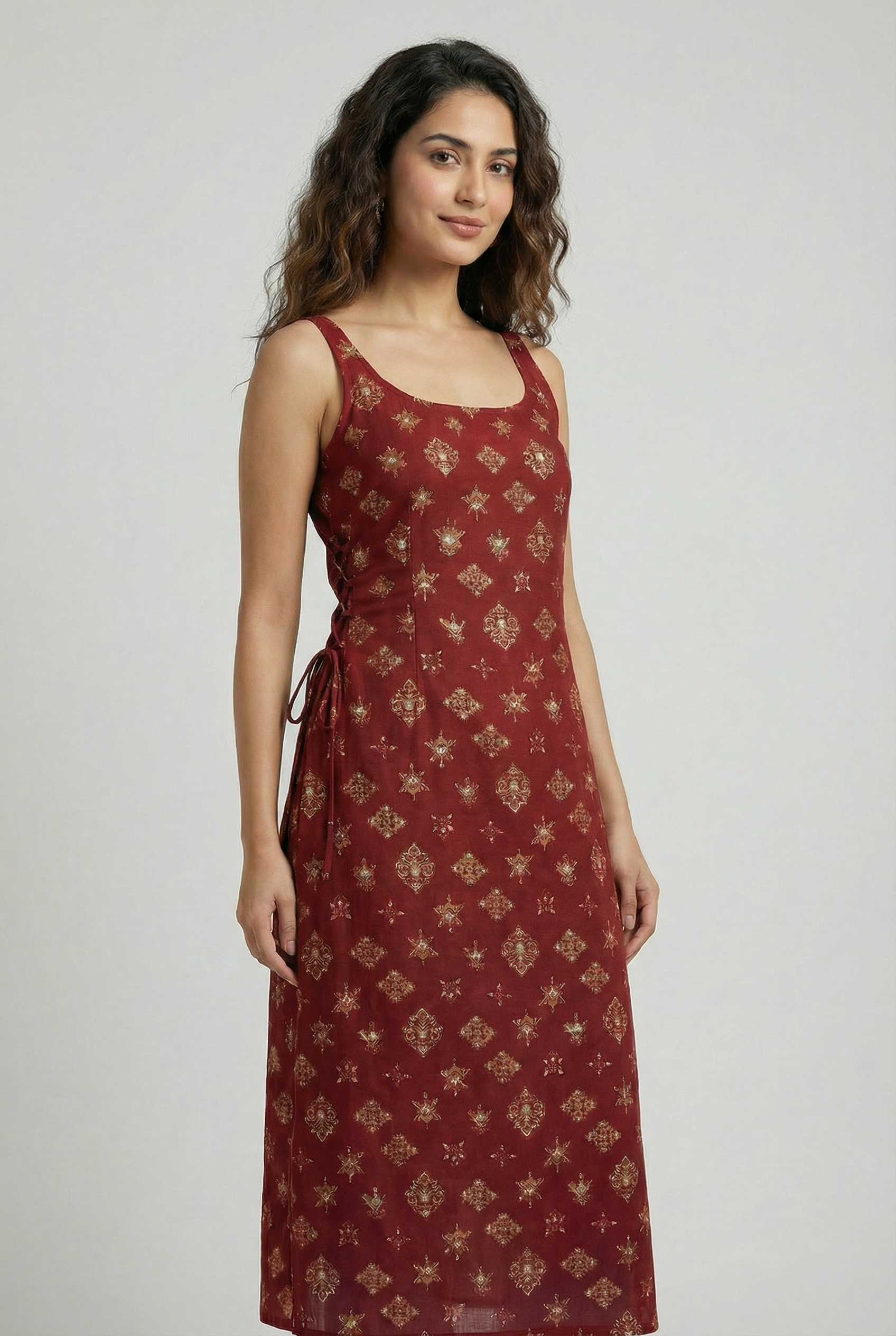 AVYRON - Women Straight Kurti with Side Tie-Up & Back Lace-Up Design | Sleeveless Long Kurti