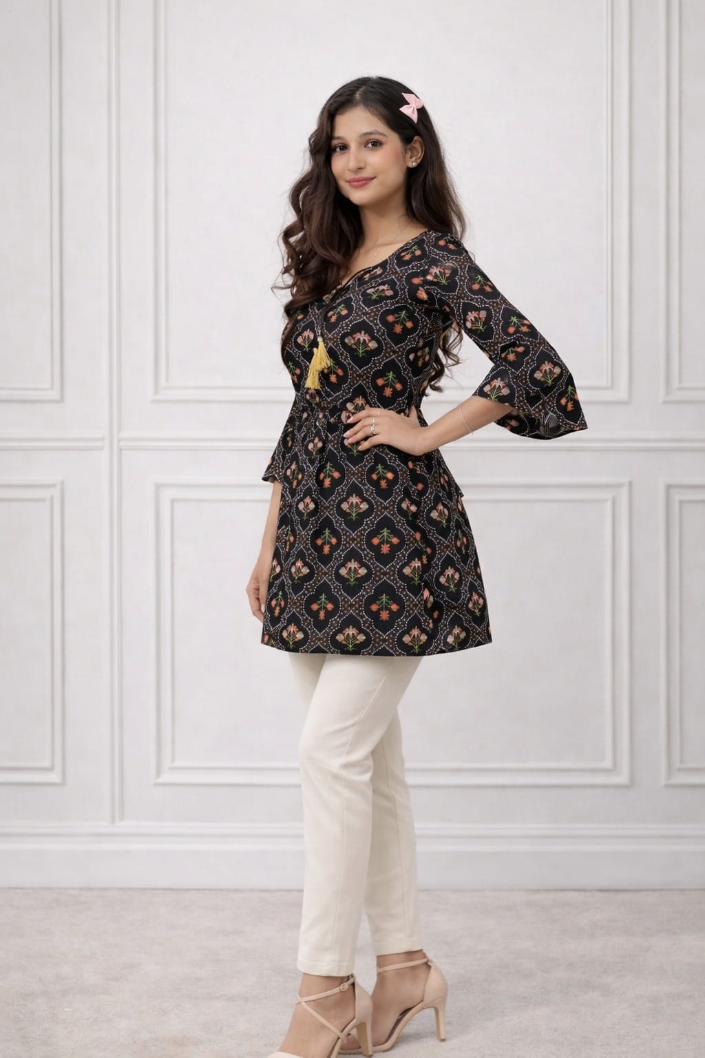 Tunic Top with Waist Elastic & Back Tie Detail Women’s Black Floral Rayon Cotton