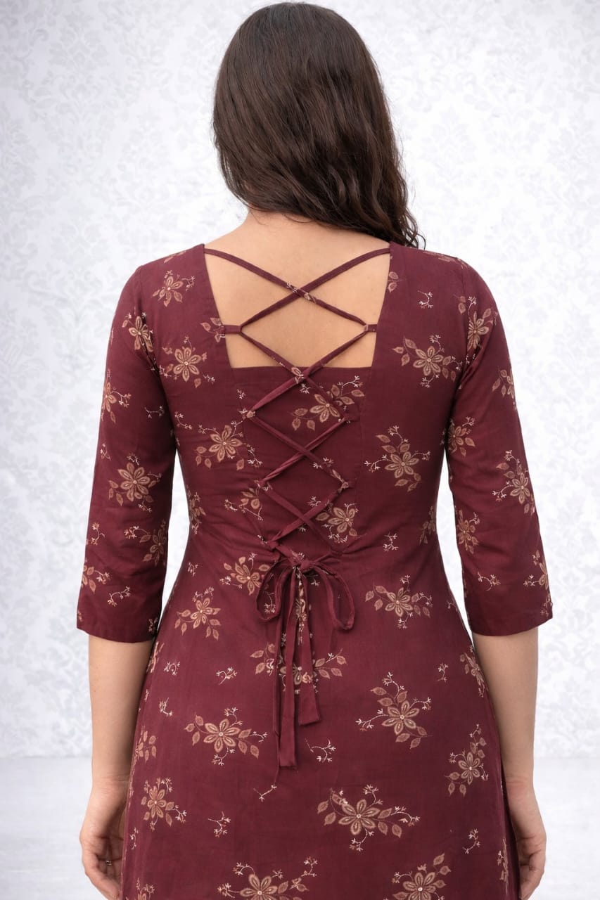 Stylish Lace-Up Back Design Maroon Floral Printed Straight Kurti | Square Neck