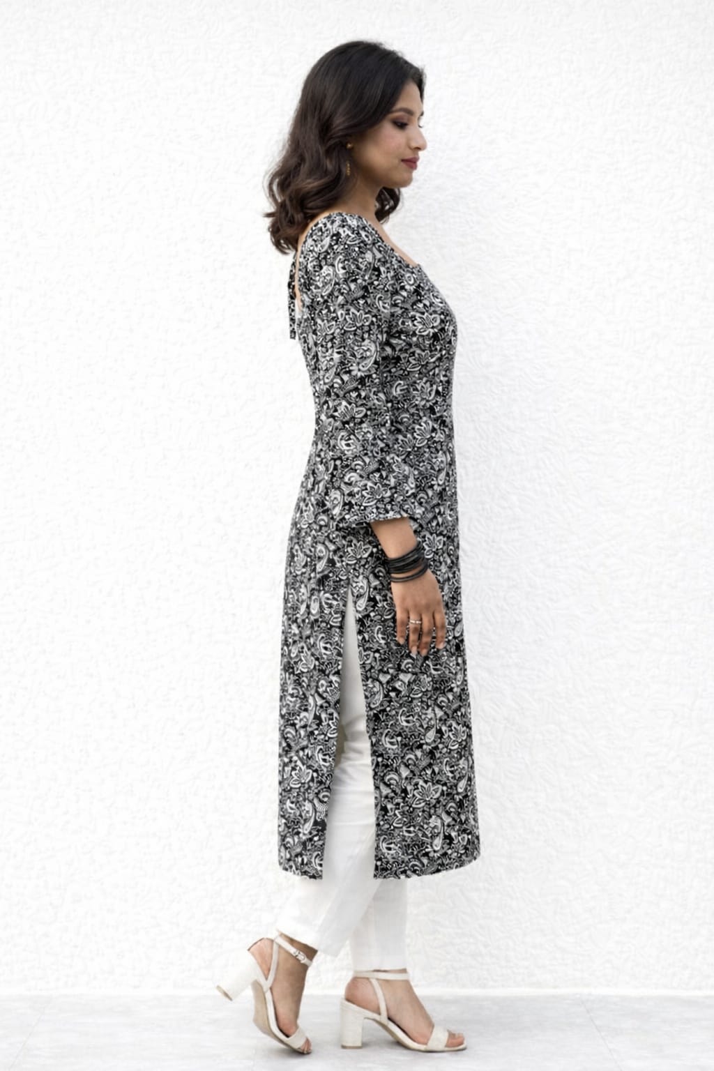 Elegant Black & White Printed Straight Kurti with Stylish Back Tie-Up