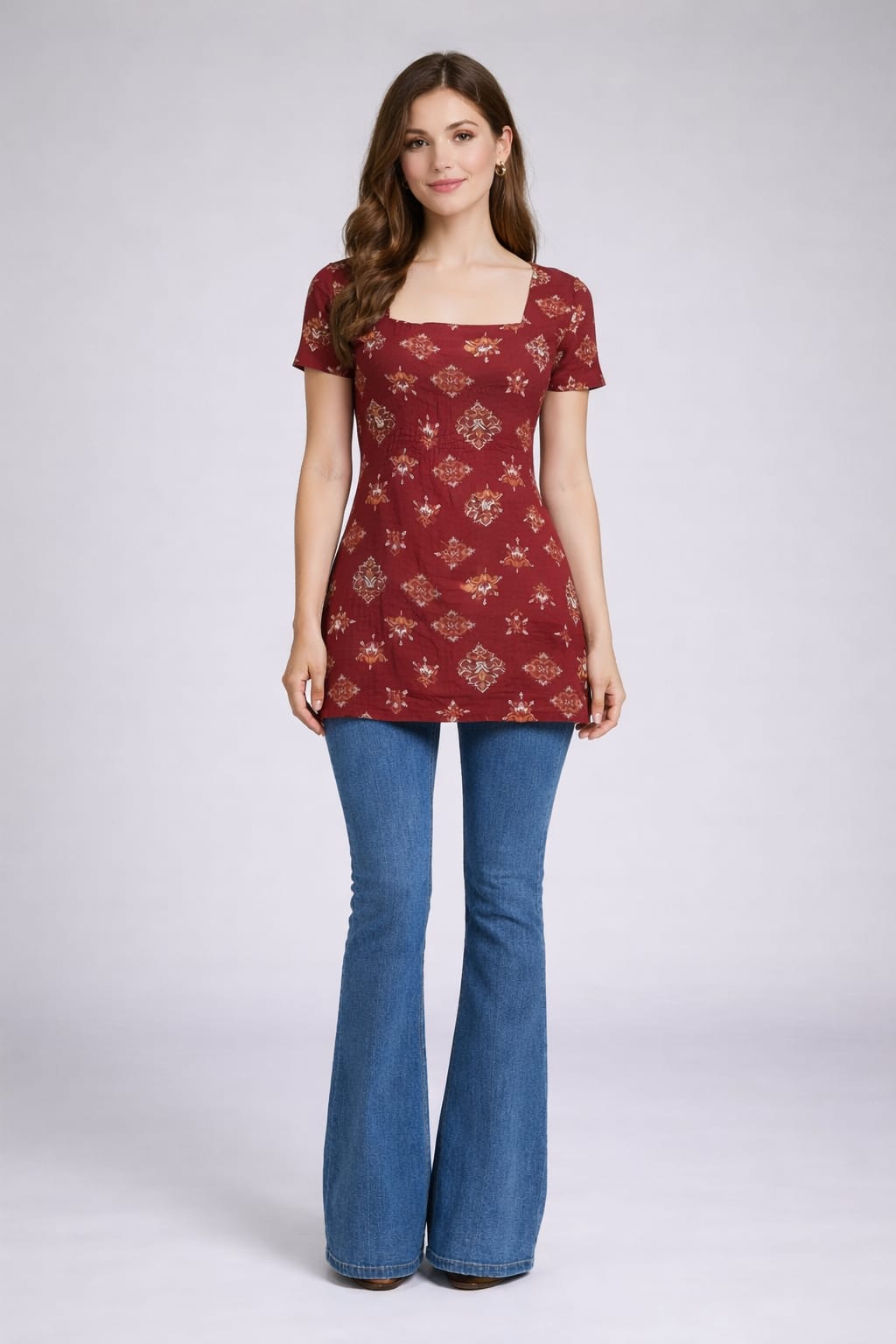 AVYRON - Stylish Red Short Kurti For Women | Square Neck Casual Tunic Top | Ethnic & modern Look