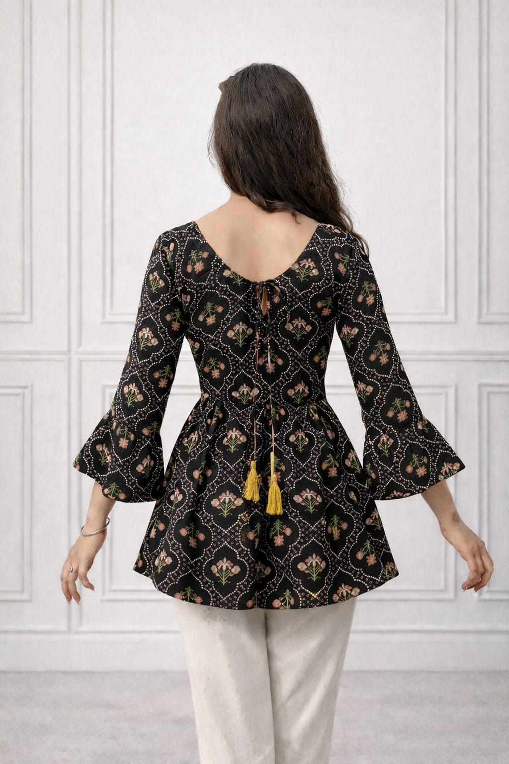 Tunic Top with Waist Elastic & Back Tie Detail Women’s Black Floral Rayon Cotton