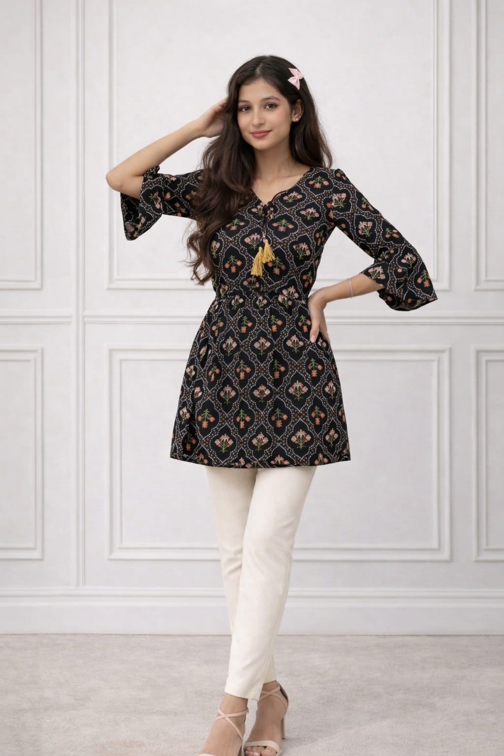 Tunic Top with Waist Elastic & Back Tie Detail Women’s Black Floral Rayon Cotton