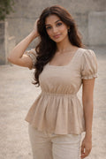 Women’s Beige Crepe Peplum Top with Puff Sleeves | Square Neck Stylish Top