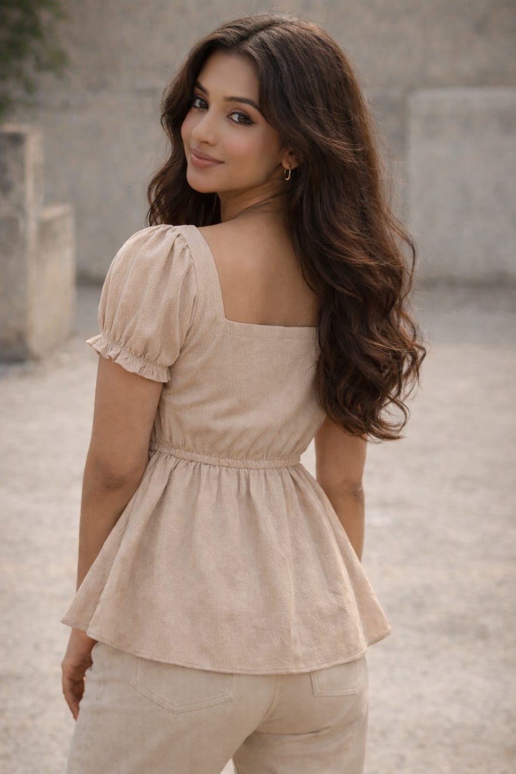 Women’s Beige Crepe Peplum Top with Puff Sleeves | Square Neck Stylish Top