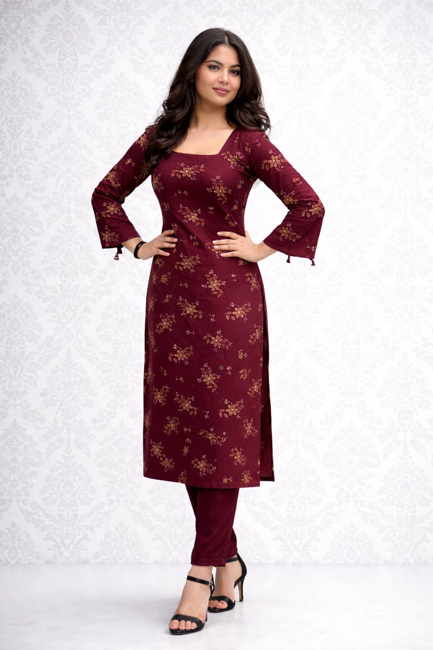 Stylish Lace-Up Back Design Maroon Floral Printed Straight Kurti | Square Neck