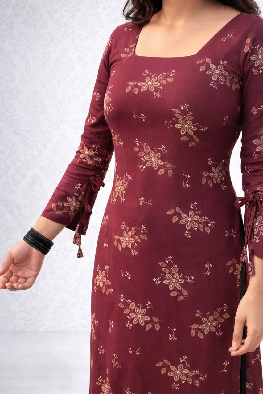 Stylish Lace-Up Back Design Maroon Floral Printed Straight Kurti | Square Neck