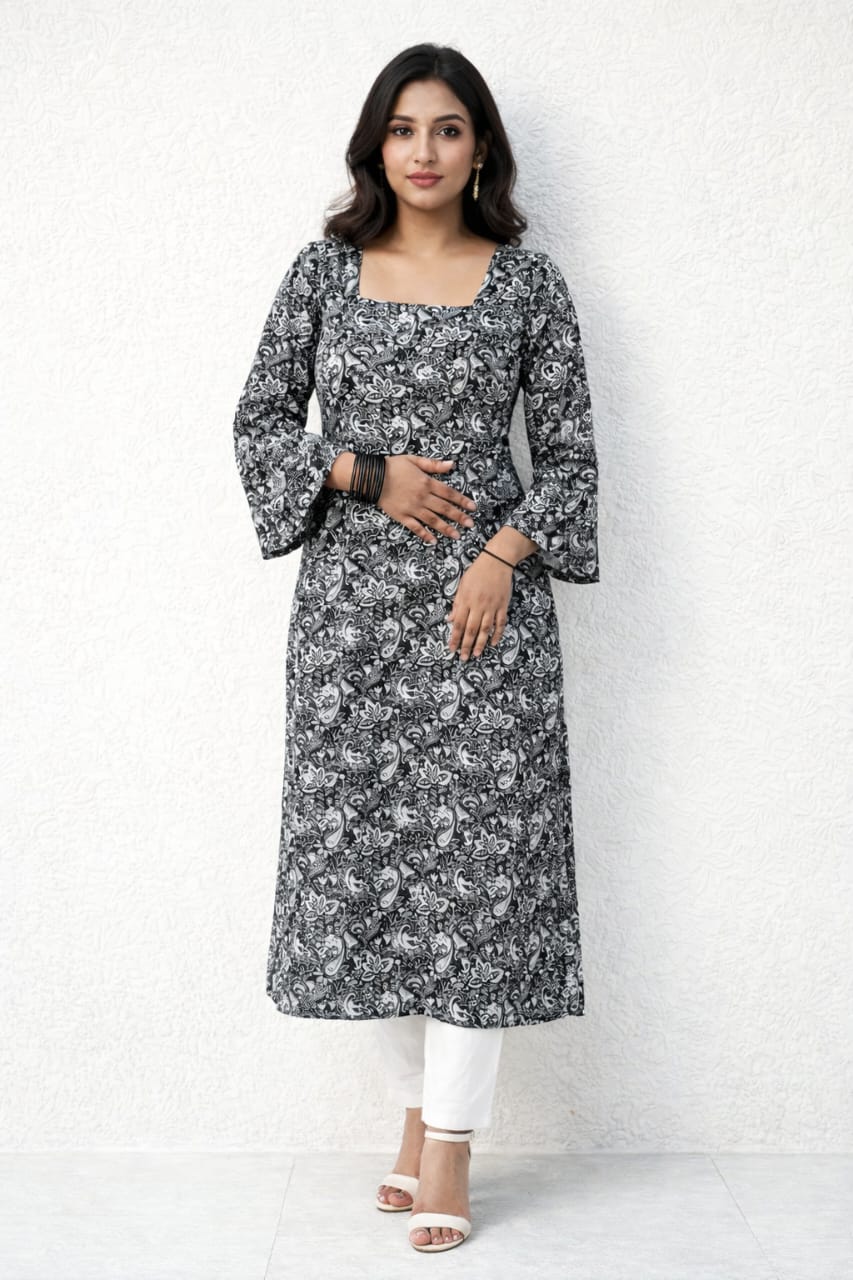 Elegant Black & White Printed Straight Kurti with Stylish Back Tie-Up