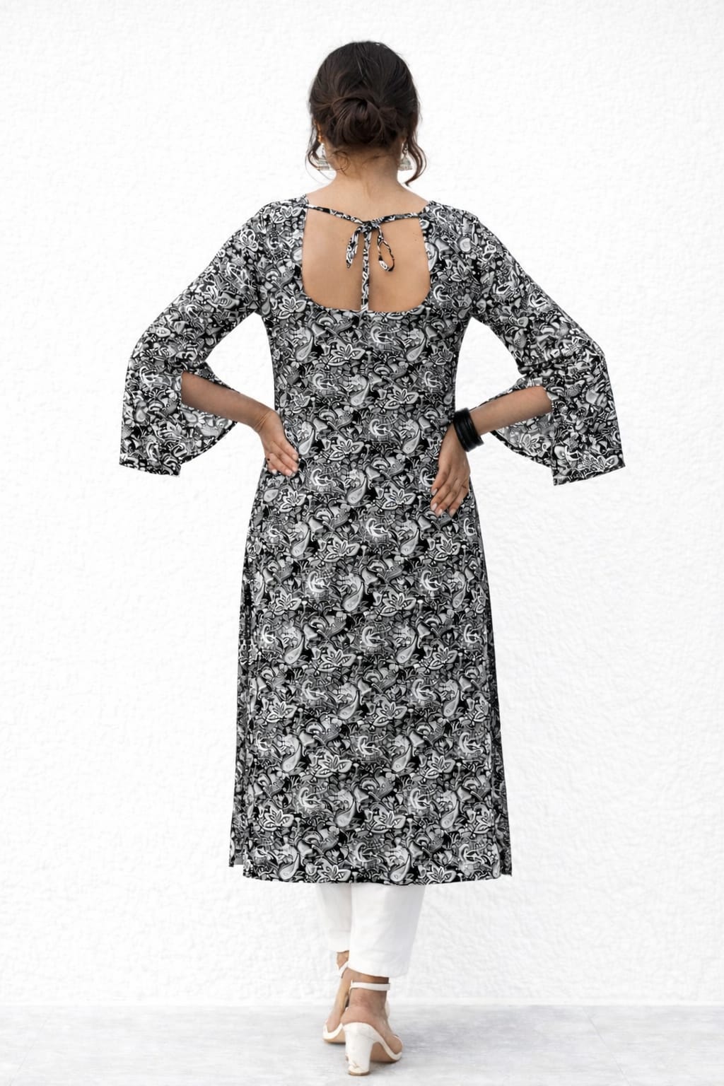 Elegant Black & White Printed Straight Kurti with Stylish Back Tie-Up