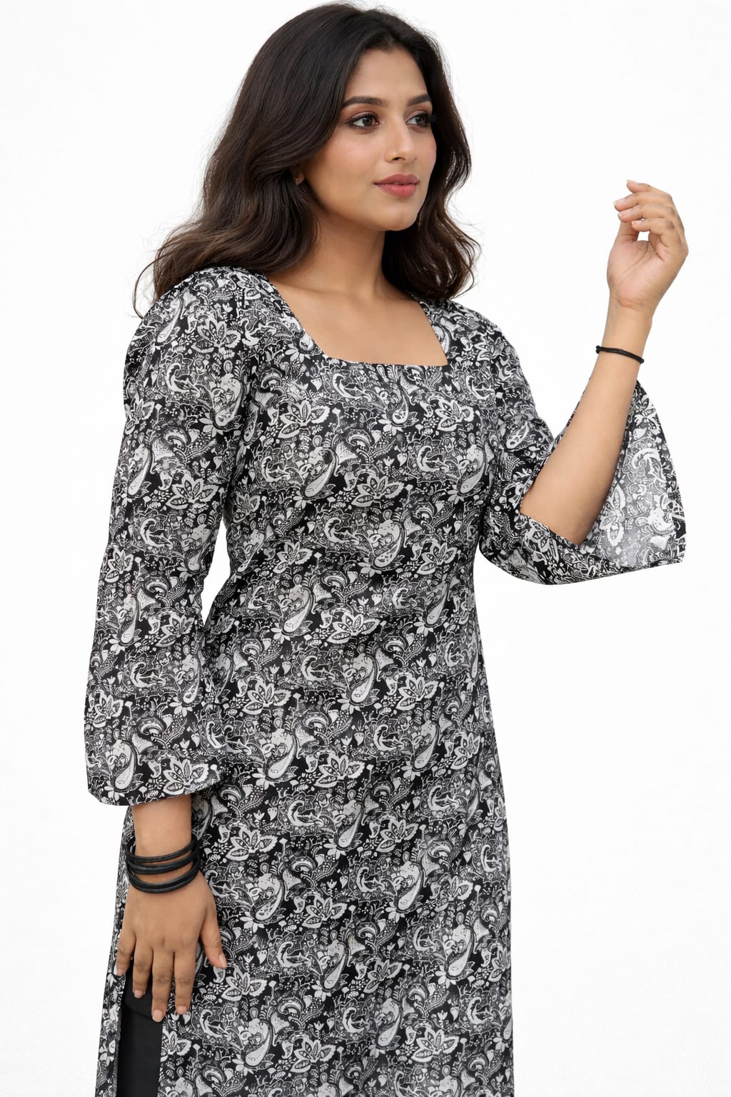 Elegant Black & White Printed Straight Kurti with Stylish Back Tie-Up