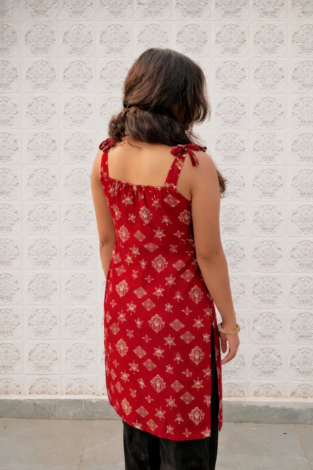 Maroon Ethnic Tie-Up Kurti - Rayon Cotton