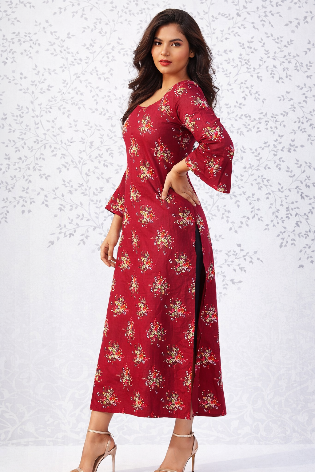 Floral Print Long Kurti – Square Neck & Elegant Bell Sleeves-Cotton