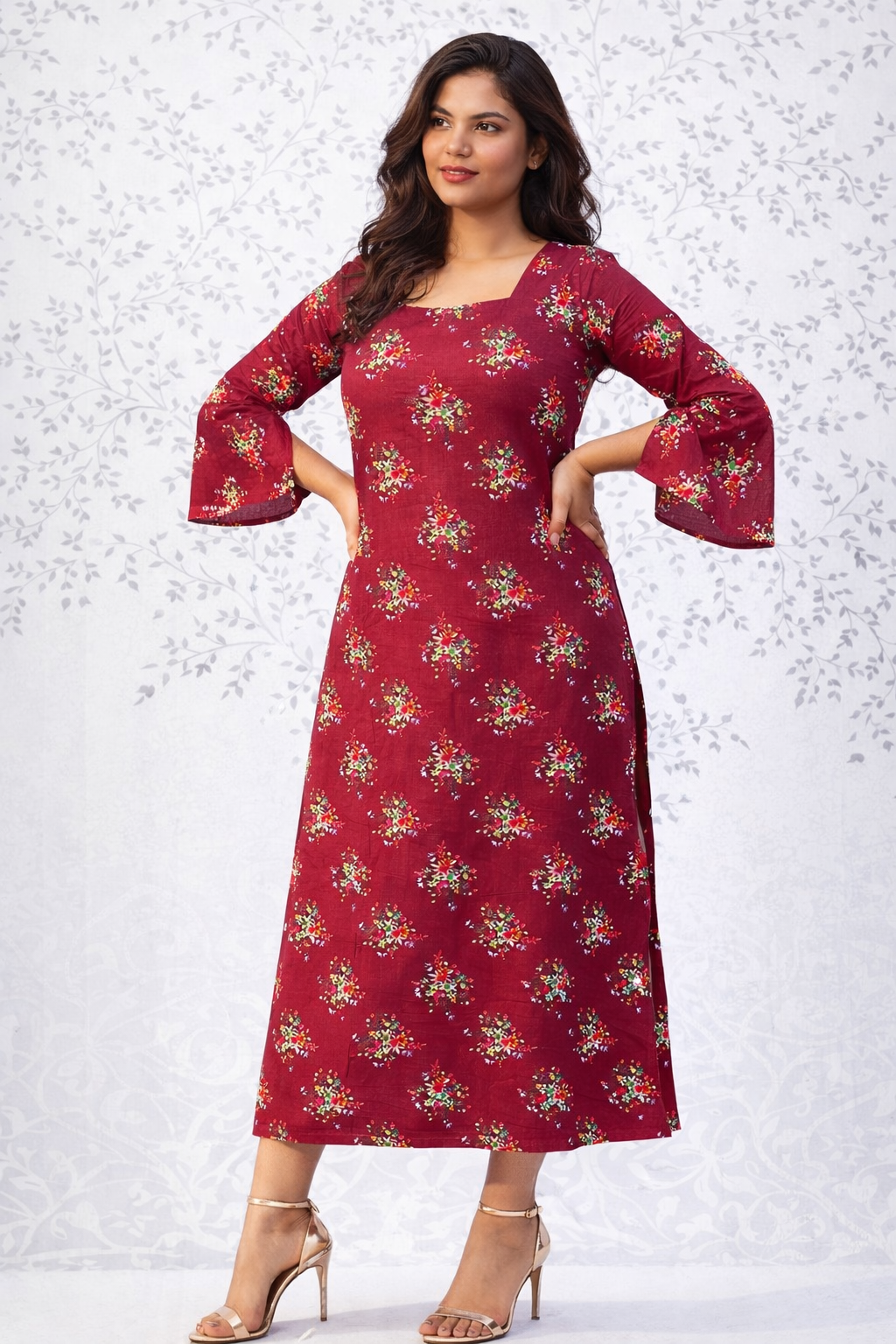 Floral Print Long Kurti – Square Neck & Elegant Bell Sleeves-Cotton
